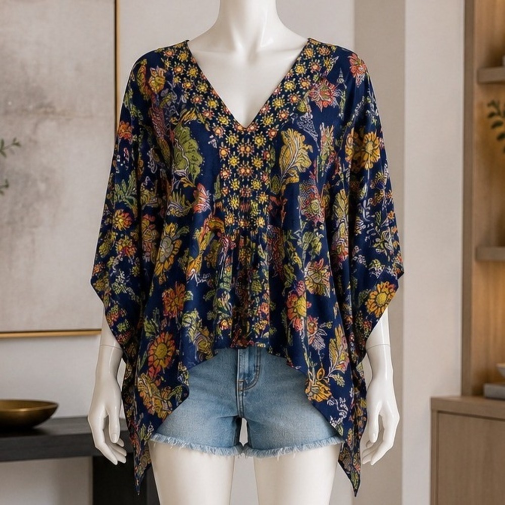 Lola P Womens Blouse Blue Floral Paisley V-Neck Tie Front XL